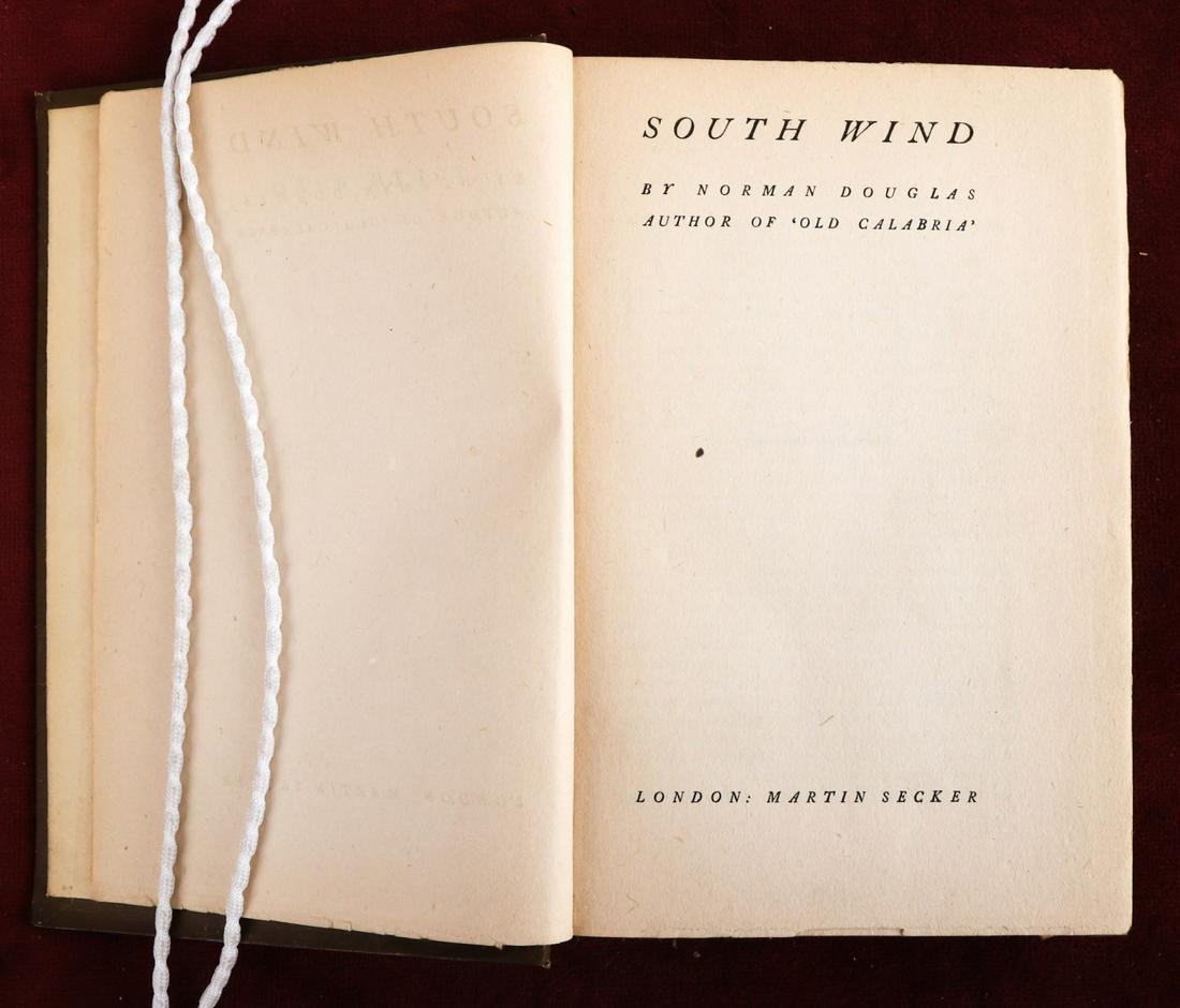 NORMAN DOUGLAS "SOUTH WIND" 1917 FIRST EDITION: London. Martin Secker. hardcover clothbound. 7 3/4 x 5 1/4 inches