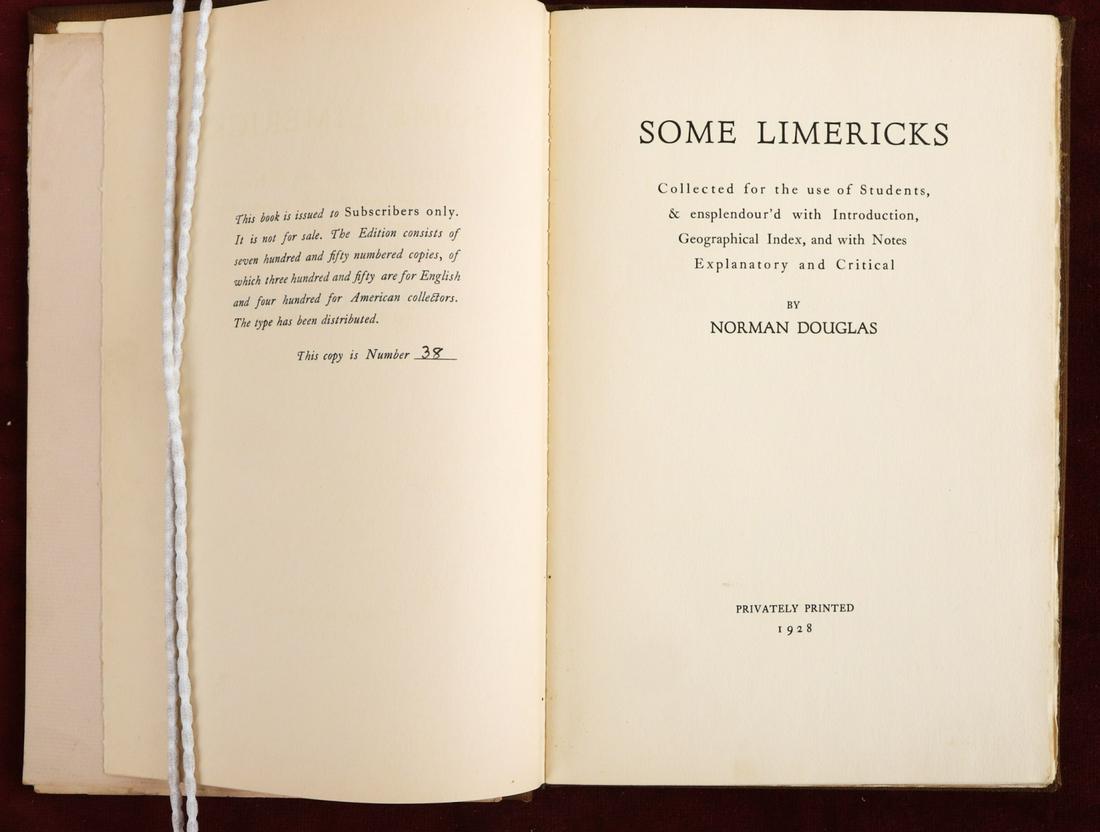 NORMAN DOUGLAS "SOME LIMERICKS" 1928 750 COPIES: Privately printed. 1928. No. 38. Issued by subscription only. Original flyer. hardcover cloth bound. 9 34 x 6 3/4 inches.