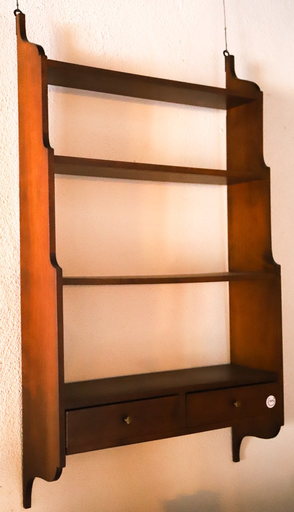 (19th c) HANGING WALL SHELF: (4) Step-back shelves over (2) small drawers. Appears to be cherry with black walnut secondary woods. 37 x 21 x 6 inches.