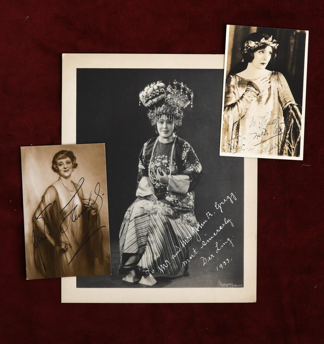 AUTOGRAPHED PHOTO OF DER LING & (2) OTHERS: Princess Der Ling also known as Elisabeth Antoinette White (1885 – 1944). 8 x 10 inches. Together with (2) real photo post cards of unidentified actresses? 5 1/4 x 3 1/4 inches.