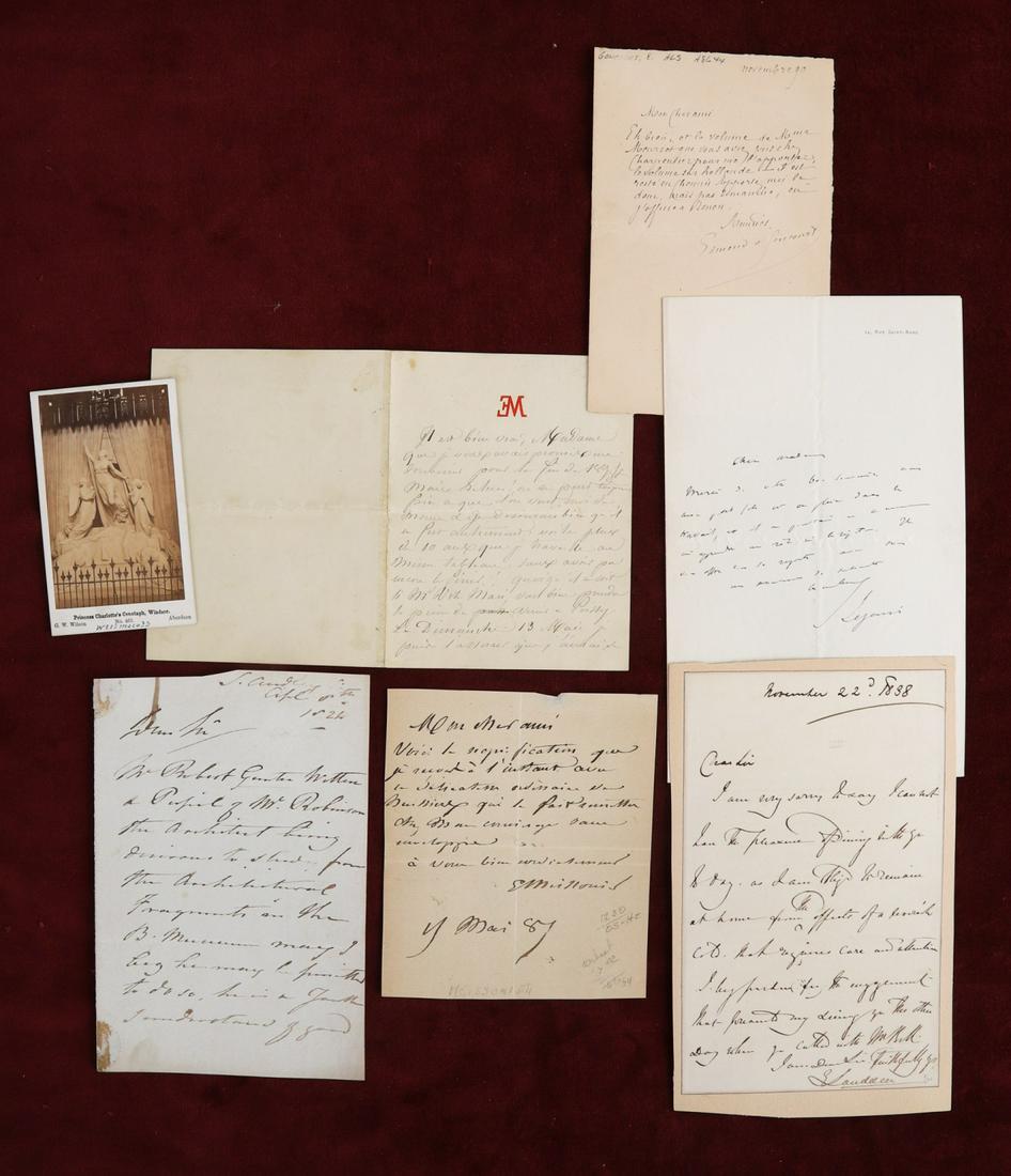 NOTES SIGNED BY VARIOUS FRENCH / ENGLISH ARTISTS: Including: French artist Jean Louis Ernest Meissonier (1815-1891), Gabriel Jean Baptiste Ernest Wilfrid Lefouve (1807-1903) Dramatist, poet, women's rights advocate, French Academy member, Sculptor Si