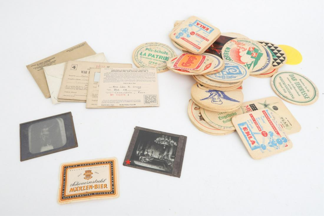 LARGE COLLECTION OF BEER-HALL SOUVENIERS 1957-59: Consisting mostly of coasters annotated with dates. 4 1/4 inches (and smaller). Together with souvenirs from the Brussels World Fair, War Ration Books