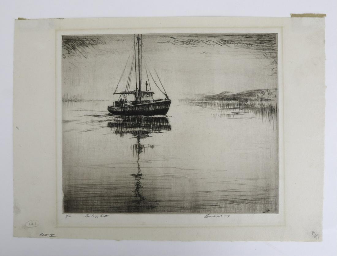 LEVON WEST (1900-1968): The Pogy Boat etching 9 x 10 13/4 inches. signed titled 7/100. unframed 11 x 16 inches (sheet)