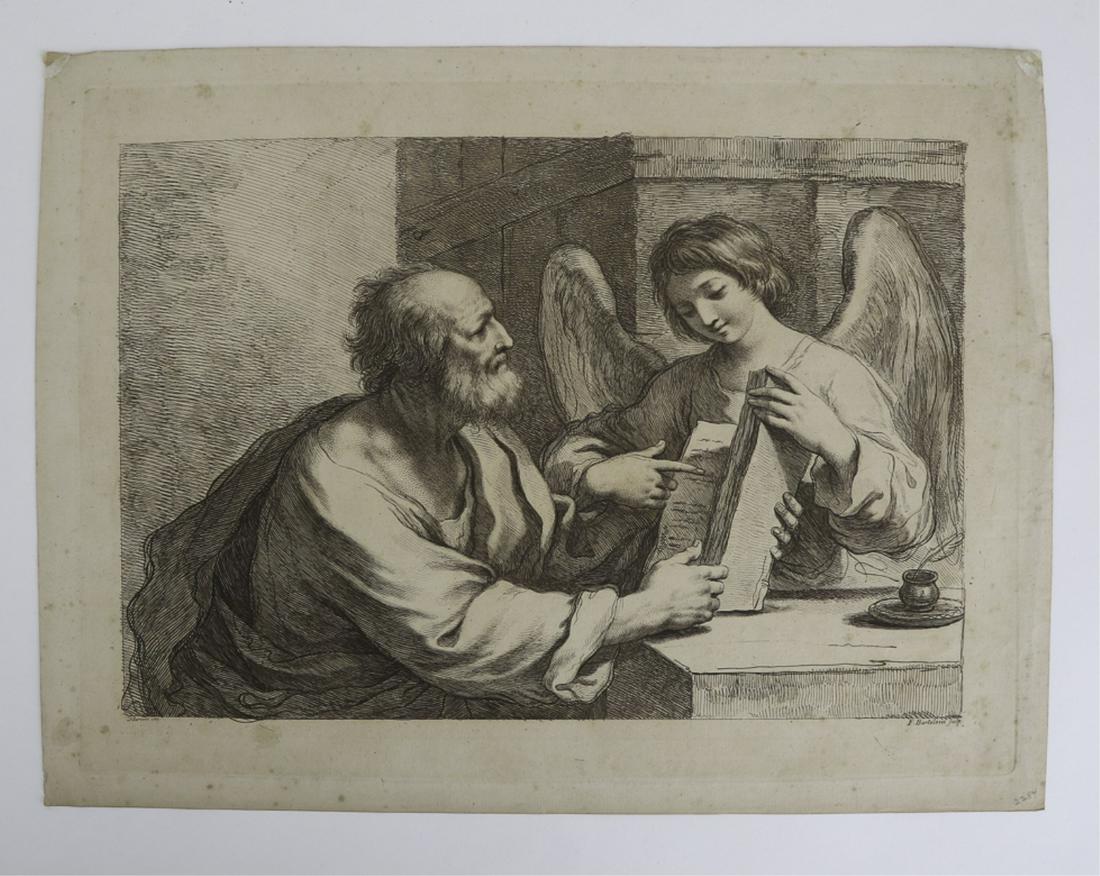 FRANCESCO BARTOLOZZI (1727-1815) after GUERCINO: (18th c Impression) "Saint Matthew and the Angel" etching and pointilly on laid paper 14 1/4 x 18 3/4 inches (sheet)
