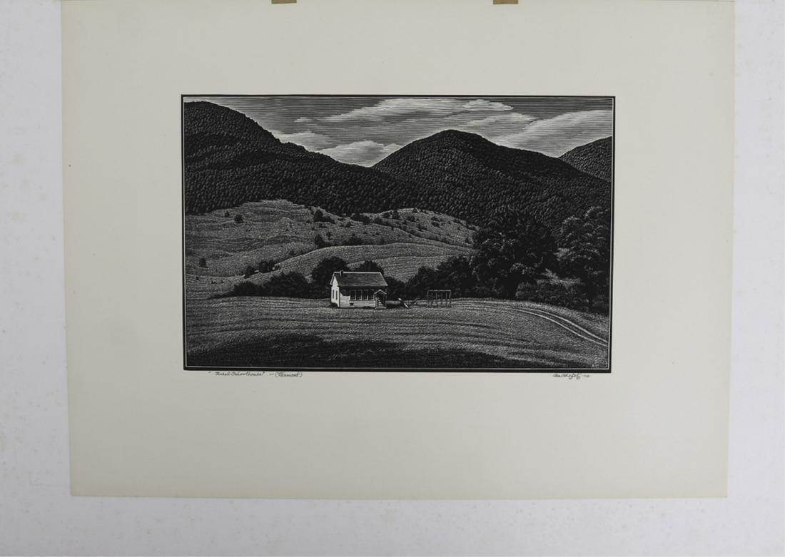 ASA CHEFFETZ (1897-1965): Rural School House Vermont wood engraving 5 1/2 x 8 1/2 inches. signed and titled. 10 1/2 x 14 inches (sheet) matted