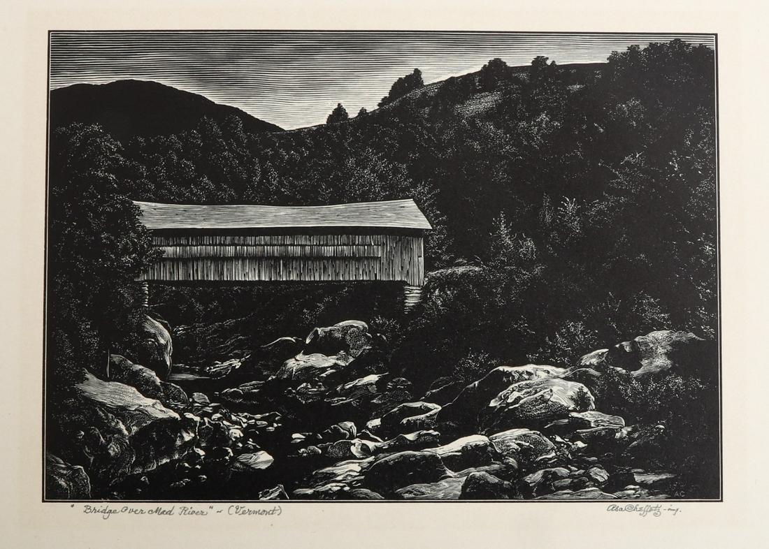 ASA CHEFFETZ (1897-1965): Bridge over Mad River wood engraving 5 x 7 1/4 inches. signed and titled. 10 1/2 x 12 1/2 inches (sheet) matted