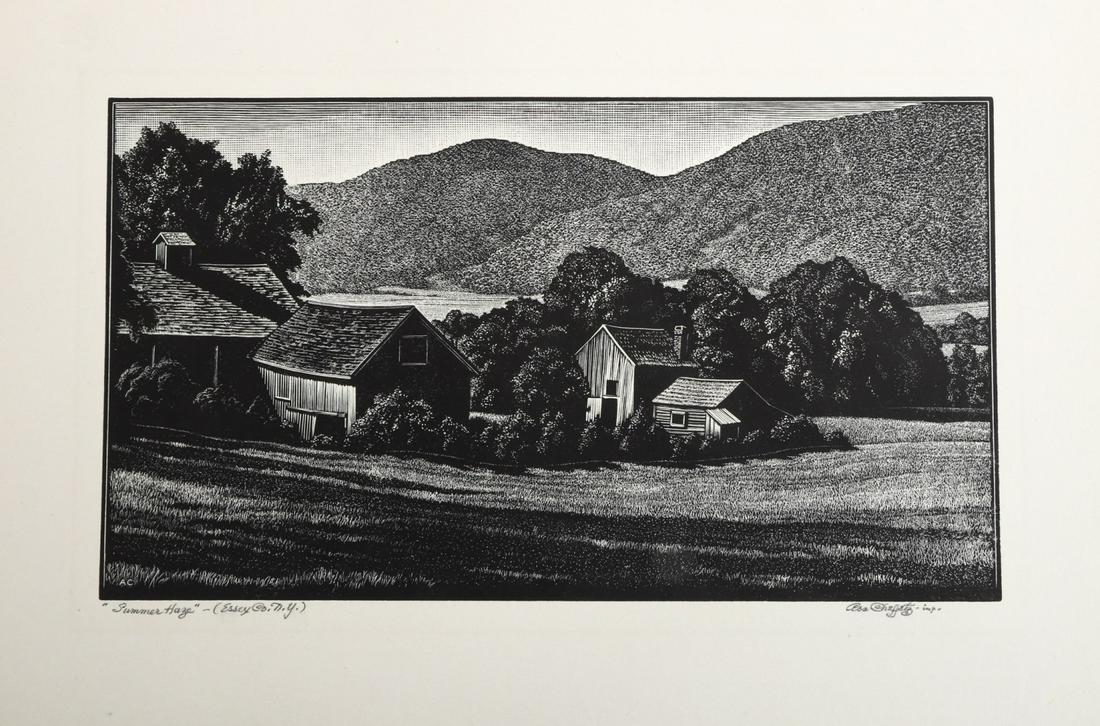 ASA CHEFFETZ (1897-1965): Summer Haze / Essex Co. N.Y. wood engraving 4 1/2 x 8 inches. signed and titled. 7 1/2 x 10 1/2 inches (sheet) matted