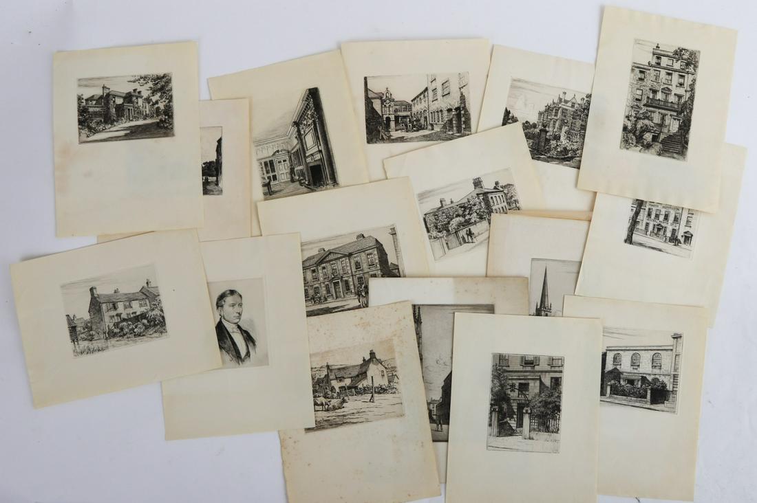 (16) ETCHINGS by CYRIL HENRY BARRAUD (1877-1965): Sent each Christmas by Mr. & Mrs. I.J. Pitman to the Gregg family; each family being recognized as leaders in their respective forms of shorthand. Each printed on 10 1/2 x 8 1/2 inch sheets (and small