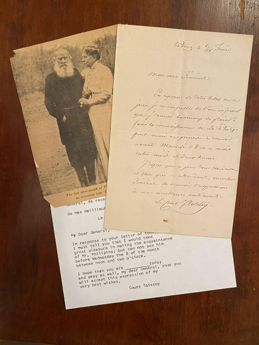 COUNT LEO TOLSTOY SIGNED LETTER DATED 1867: Address to "My Dear General" and written and signed in the author's hand. 8 x 5 inches. Note: Born to an aristocratic Russian family in 1828, he is best known for the novels War and Peace (1869) and A