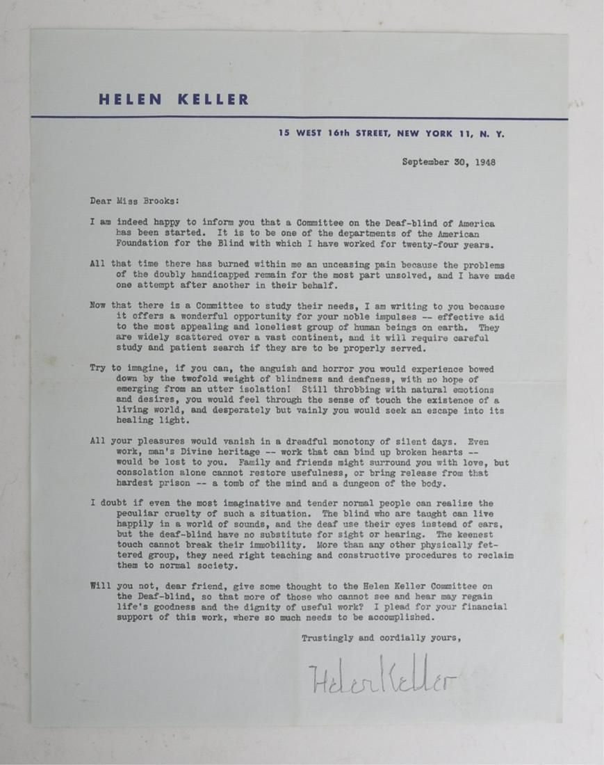 HELEN KELLER SIGNED LETTER DATED SEPT 30, 1948: Letter of appeal for the Helen Keller Committee on the Deaf-blind. Addressed to Miss Brooks. 11 x 8 1/2 inches.