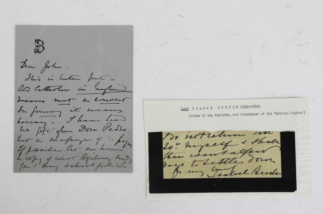 (2) LETTERS BY LADY ISABEL BURTON (1831-1896): (1) Note addressed to John dated Nov. 14, 23 Dorsey St.... (1) Fragment of a hand written letter on mourning paper signed Isabel Burton. 5 x 4 inches and 2 x 5 inches.