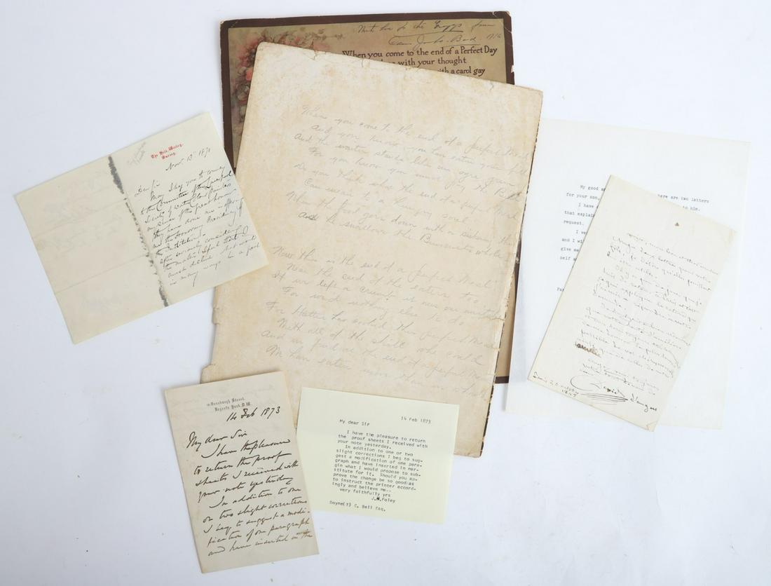 SIGNED LETTERS / NOTES BY PROMINENT ARTISTS: Including: Irish sculptor John Henry Foley dated 1873, British illustrator Myles Birket Foster declining Presidency of the Liverpool Society of Water Colour Painters dated 1871, French sculptor David