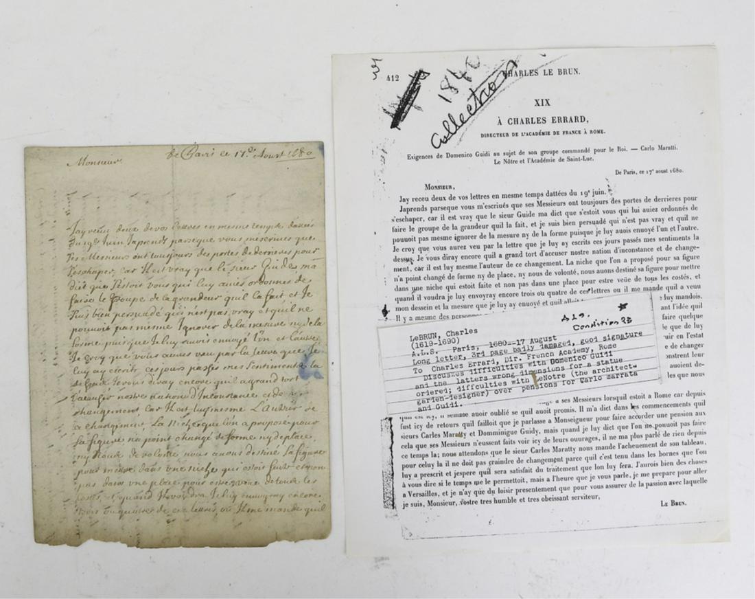CHARLES LeBRUN (1619-1690) SIGNED LETTER: Dated 1680, 17 August. Long letter discussing difficulties with Domenico Guidi and the wrong dimensions for a statue ordered as well as difficulties with LeNotre over pensions for Carlo Marrata and Gu