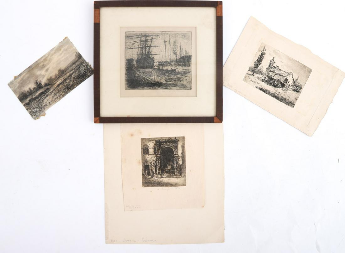 GEORGE A. TRUE (b. 1863) Four Works: The Lumber Dock etching 5 x 5 1/2 inches. signed and annotated verso "Exhibited at the Detroit Artist Exhibition 1921. framed 10 x 10 1/2 inches. Together with "The Old Log House" etching 3 1/2 x 5 in