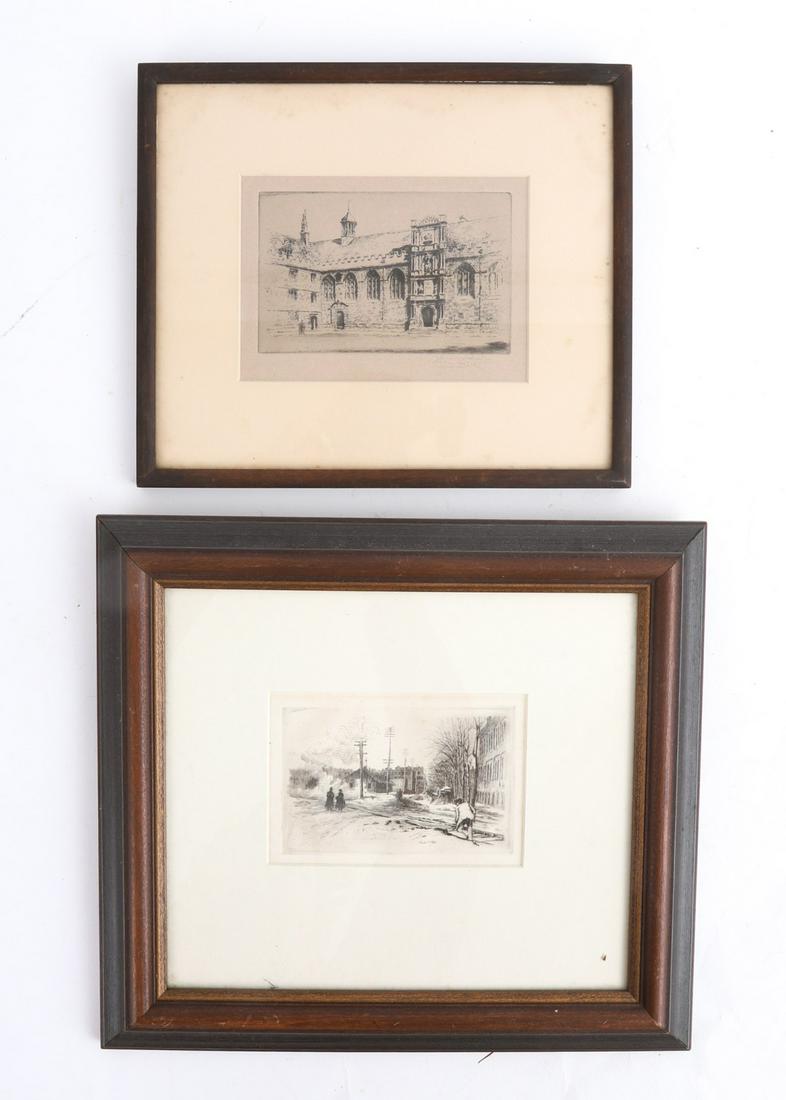 NEWTON A. WELLS (1852-1919) & GEORGE HUARDEL-BLY: A Winter Morning etching. 3 x 5 inches signed. framed 12 x 13 inches (overall) and "Oxford College" etching 3 1/2 x 5 1/2 inches signed Huardel-Bly and framed 9 x 10 1/2 inches (overall)