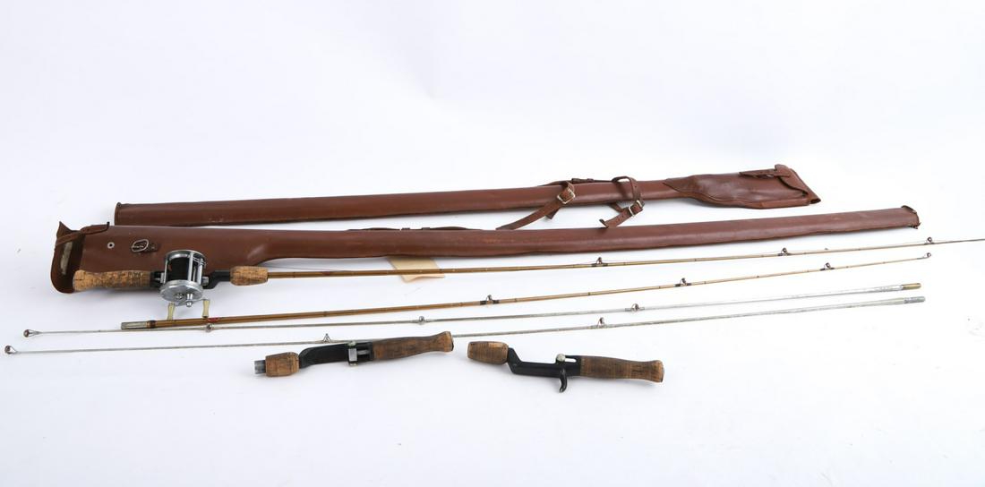 (4) TRUE TEMPER FISHING RODS: With (4) Speedlock handles, (1) Bronson 1700 reel, aluminum tubes and leather cases. 66 inches (assembled and under)