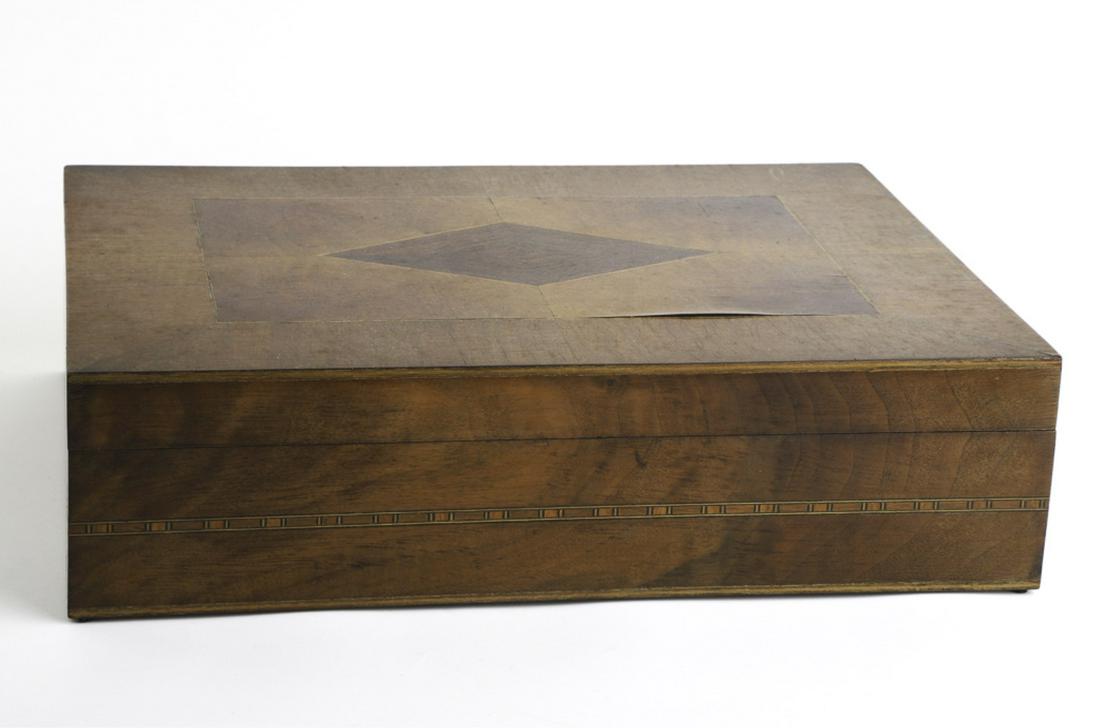 (20th c) MAHOGANY MARQUETRY VENEER BOX: With examples of tape and string inlays. 4 1/2 x 18 x 13 1/2 inches