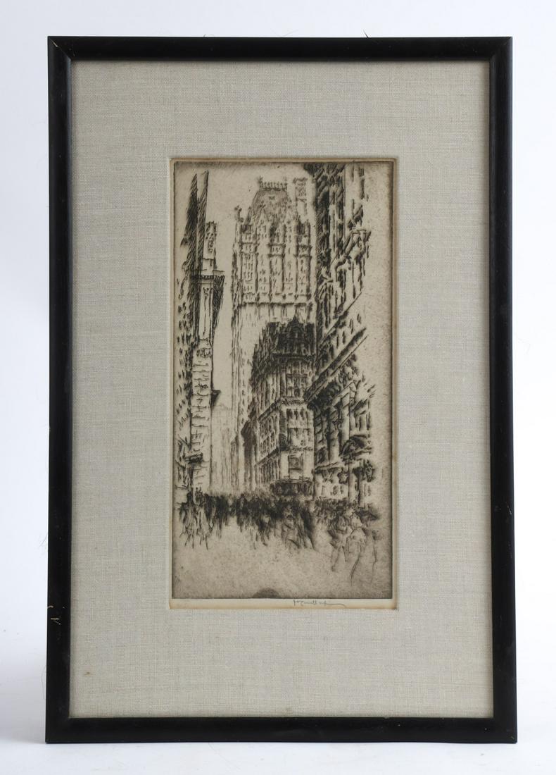 JOSEPH PENNELL (1858-1926): Liberty Tower etching 9 3/4 x 4 3/4 inches. signed with label from MacBeth Gallery New York attached verso. framed 15 1/2 x 10 1/2 inches (overall)