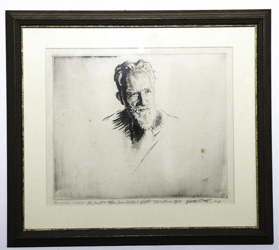 WALTER TITTLE (1883-1966): George Bernard Shaw etching 7 x 8 1/4 inches. signed and annotated ...Christmas 1950. framed 11 x 12 1/2 inches.
