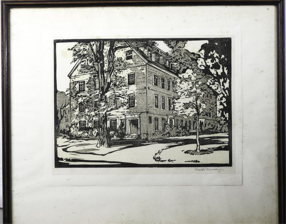 WALDO MURRAY (1884-1956): Untitled - Possibly the Freshman Dormitories at Harvard block print 9 x 11 inches. signed. framed 15 x 18 inches (overall)