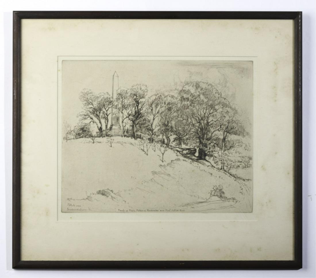ERNEST DAVID ROTH (1879-1964): Fredericksburg Virginia - Tomb of Mary, Mother of Washington and Meditation Rock etching. 10 x 12 1/2 inches. signed and dated 1928 inprint. framed 16 1/2 x 18 1/2 inches (overall)