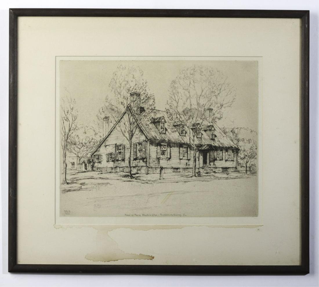 ERNEST DAVID ROTH (1879-1964): Fredericksburg Virginia - Home of Mary, Mother of Washington etching. 10 x 12 1/2 inches. signed and dated 1928 inprint. framed 16 1/2 x 19 inches (overall)