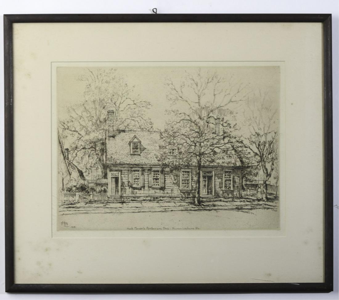 ERNEST DAVID ROTH (1879-1964): Hugh Mercer's Apothecary Shop, Fredericksburg, VA, 1928 etching. 10 x 13 inches. signed and dated 1928 inprint. framed 16 1/2 x 19 1/2 inches (overall)