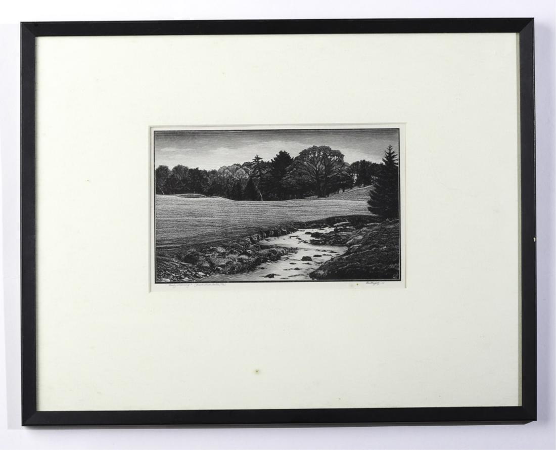 ASA CHEFFETZ (1897-1965): Early Morning / Buck Hill Falls, PA wood engraving 5 1/2 x 8 1/2 inches. signed and titled. framed 14 1/2 x 18 1/2 inches (overall)