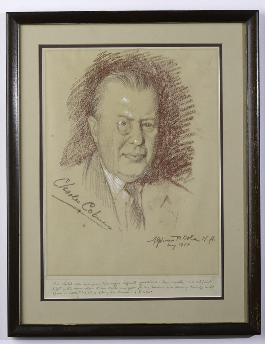 ALPHAEUS PHILEMON COLE (1876 - 1988): Charles Coburn sanguine chalk 12 x 10 inches. signed and dated May 1944 and annotated below image. framed 18 1/2 x 14 1/2 inches (overall). Note: Charles Douville Coburn (June 19, 1877 – August 30,