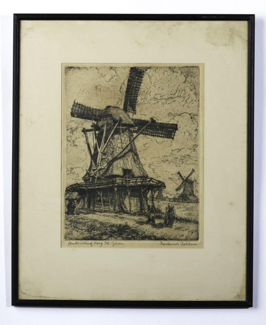 FREDERICK ROBBINS (1893-1974): Windmills of Koog and Zaan etching 10 1/4 x 8 inches. signed and titled. framed 17 x 14 inches (overall)