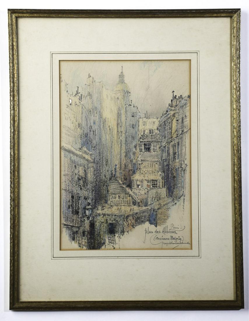 GEORGE WHARTON EDWARDS (1869-1950): Place des Abbeses Pairs (ancienne Mairie) mixed media with graphite and pastel / watercolor. 13 x 9 inches. signed and annotated 20 x 16 inches (overall)