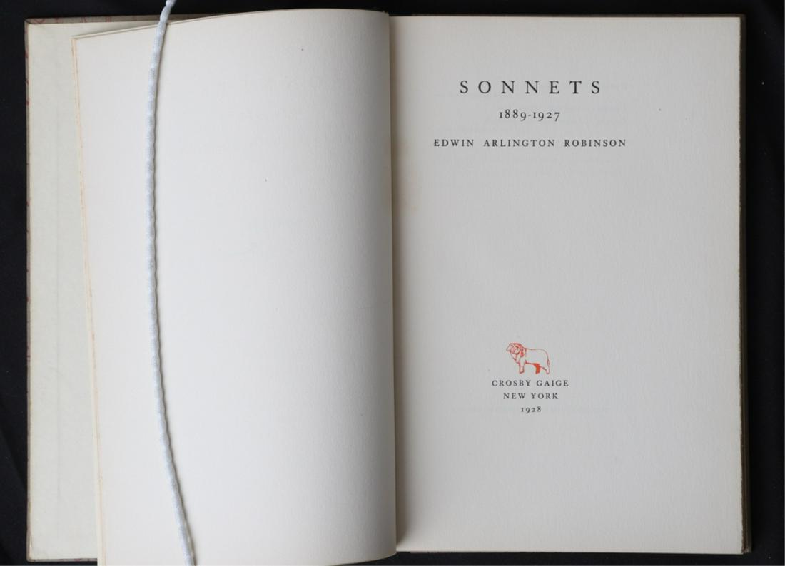 EDWIN ARLINGTON ROBINSON "SONNETS" SIGNED LTD ED.: New York. Crosby Gaige 1928. hardcover paper bound. 9 1/2 x 6 1/2 inches. 540/561.