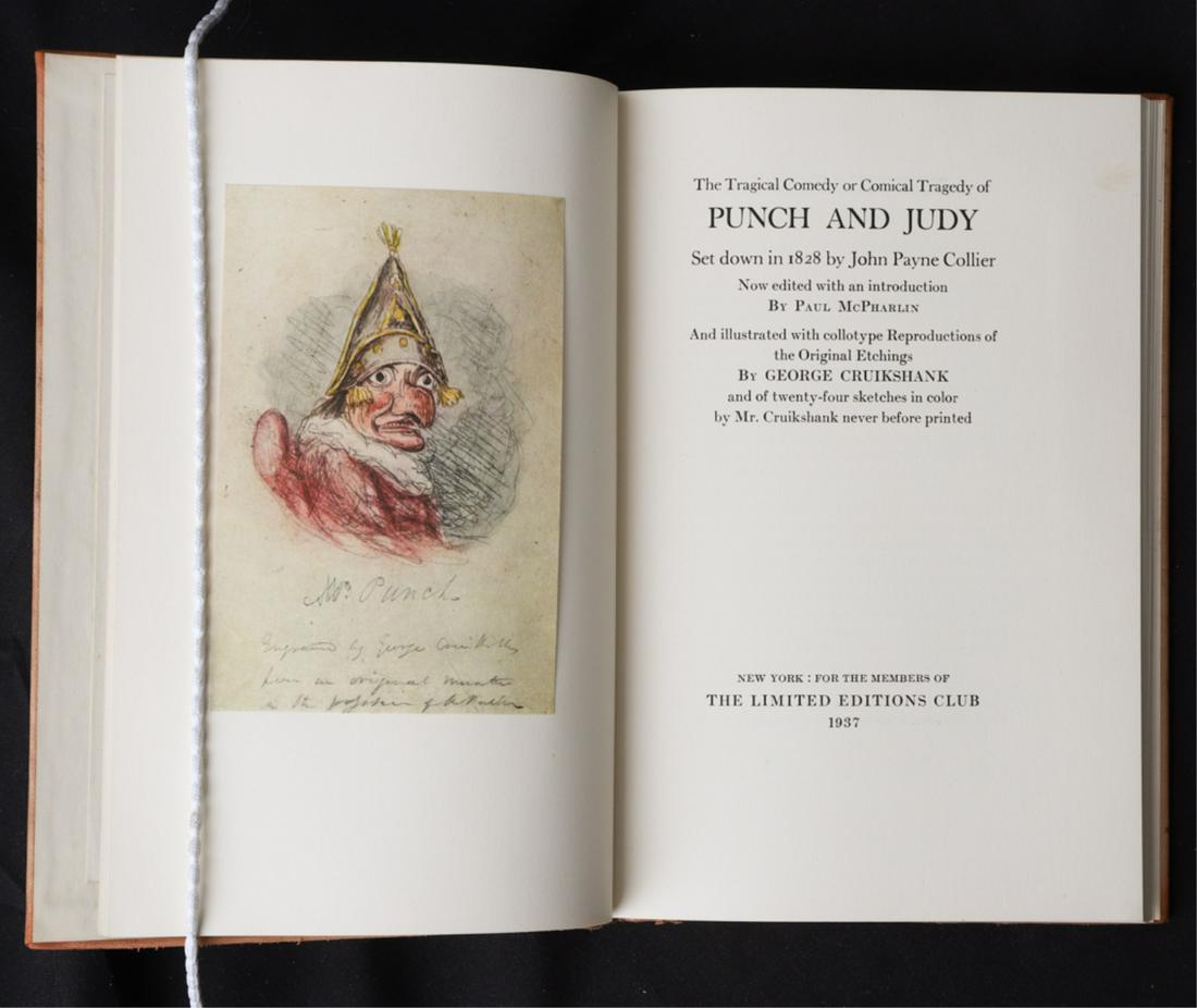 PUNCH AND JUDY LIMITED EDITIONS CLUB 1937: Edited by Paul McPharlin. Illustrated by George Cruikshank. hardcover leather bound. 9 x 6 inches. Together with its original slip case.