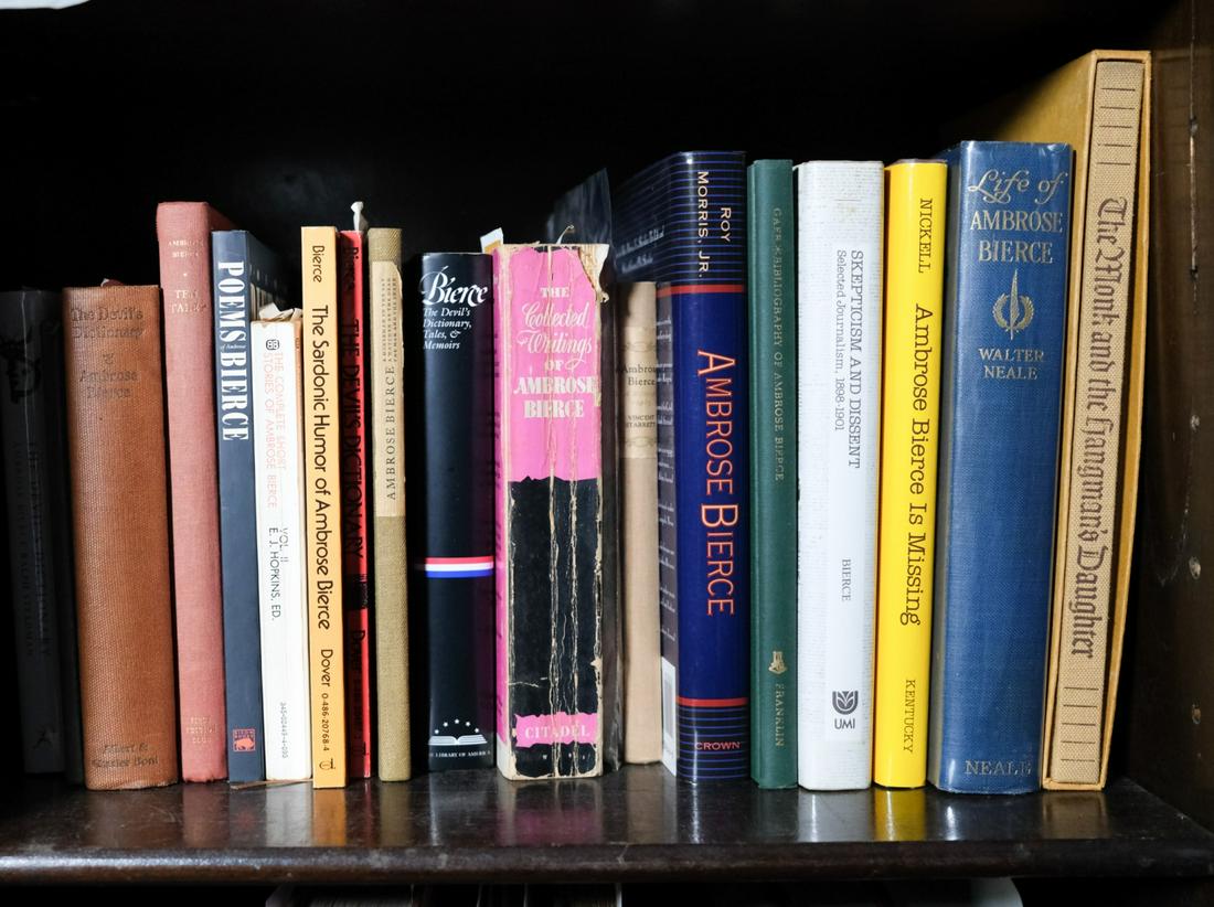 (18) BOOKS of or about AMBROSE BIERCE: Including: (21) Letters, Devil's Dictionary, Collection of Writings, Ten Tales, Poems, Bibliography, Biographies by Roy Morris and Walter Neale, etc. Mostly hardcover. 9 3/4 x 6 1/4 inches.