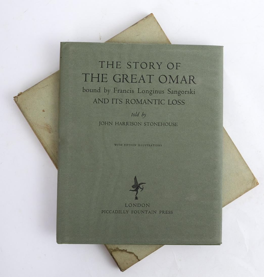 JOHN HARRISON STONEHOUSE "THE GREAT OMAR" 1933: Bound by Francis Longinus Sangorski and its Romantic Loss (15) Illustrations. London. Piccadilly Fountain Press. hardcover clothbound. Original jacket and slip case. 12 1/2 x 10 1/2 inches