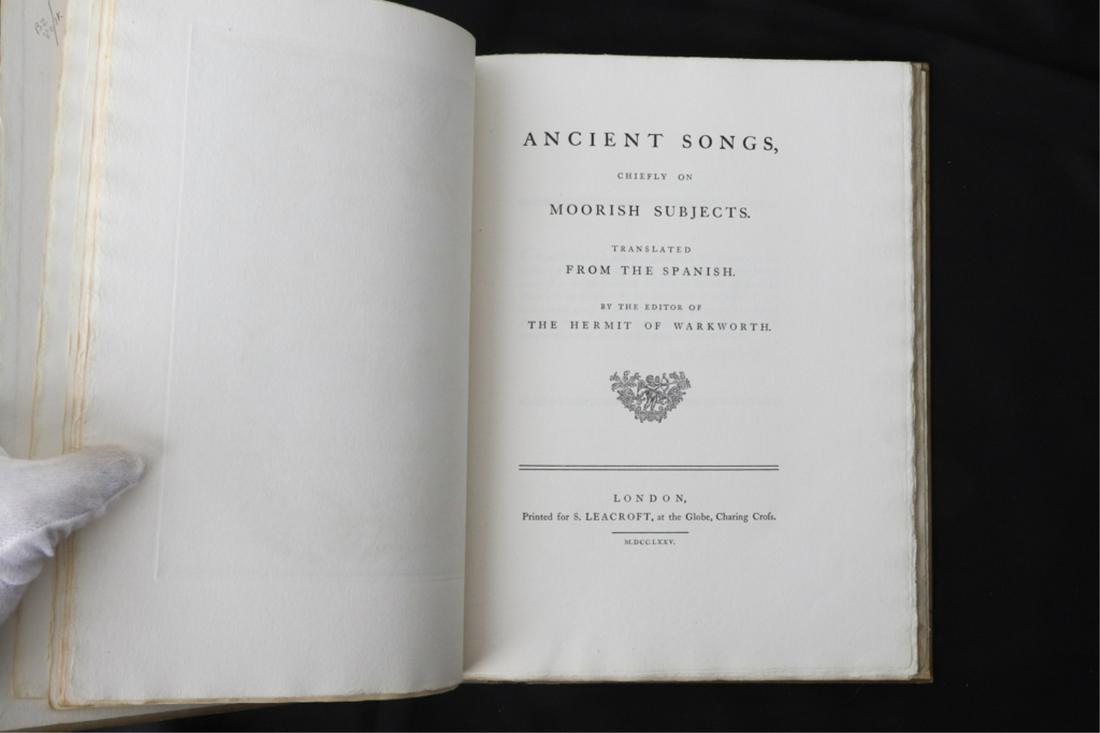 THOMAS PERCY "ANCIENT SONGS-MOORISH SUBJECT" 1932: Oxford. John Johnson for Humphrey Milford. illustrated. hardcover 1/2 vellum bound, 11 1/2 x 9 inches. #61 of a limited printing of 250 copies.