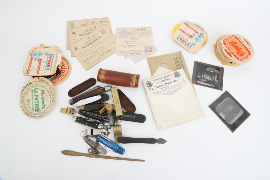 GROUPING OF JACKKNIVES, BLADES and WHISTLES: Including: Mother of Pearl by Estilstuna Uddeholms Aktiebolag, Hammerhead by Kamillus, Columbia, Forest Master, Case, Remington, Christy, etc, Whistles and scalpels