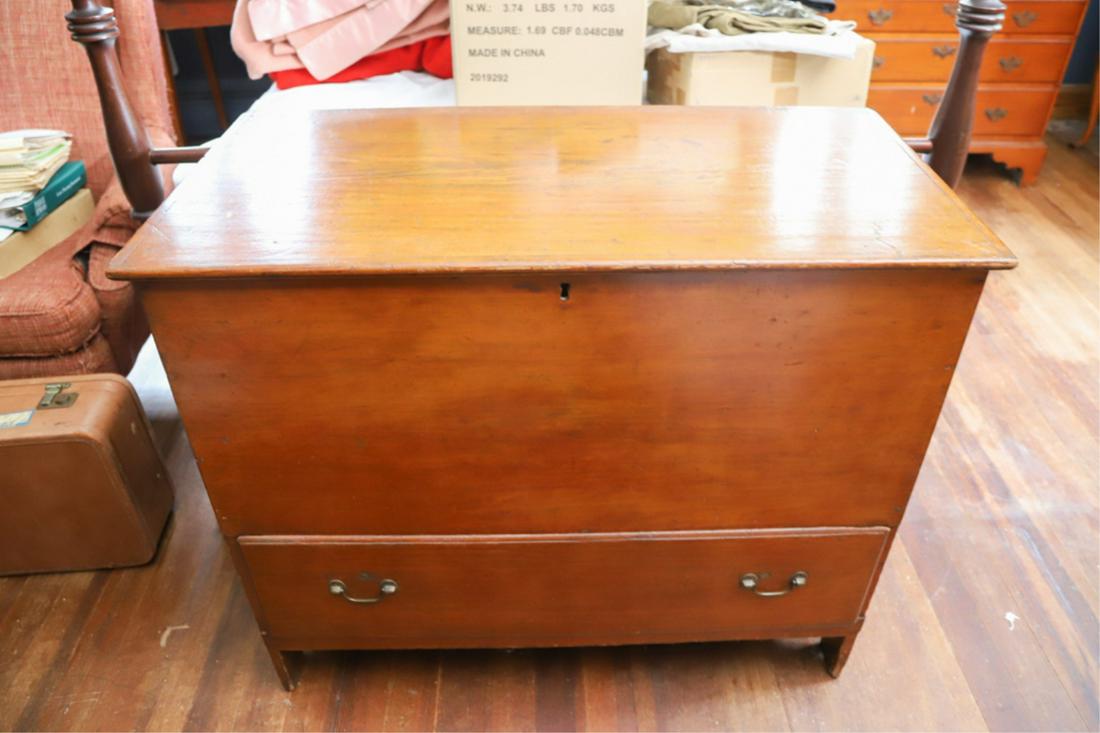 (19th c) PINE (1) DRAWER BLANKET CHEST: Molded lid and drawer with shaped bootjack ends. 33 x 38 1/2 x 19 inches