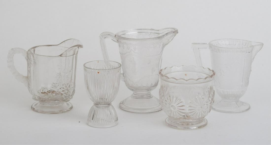 (5) PIECES OF EAPG including Greek Soldier Creamer: Including: (3) Creamers (Greek Soldiers, Bell Flowers etc), Egg cup and a bowl. 5 1/2 inches (and under)