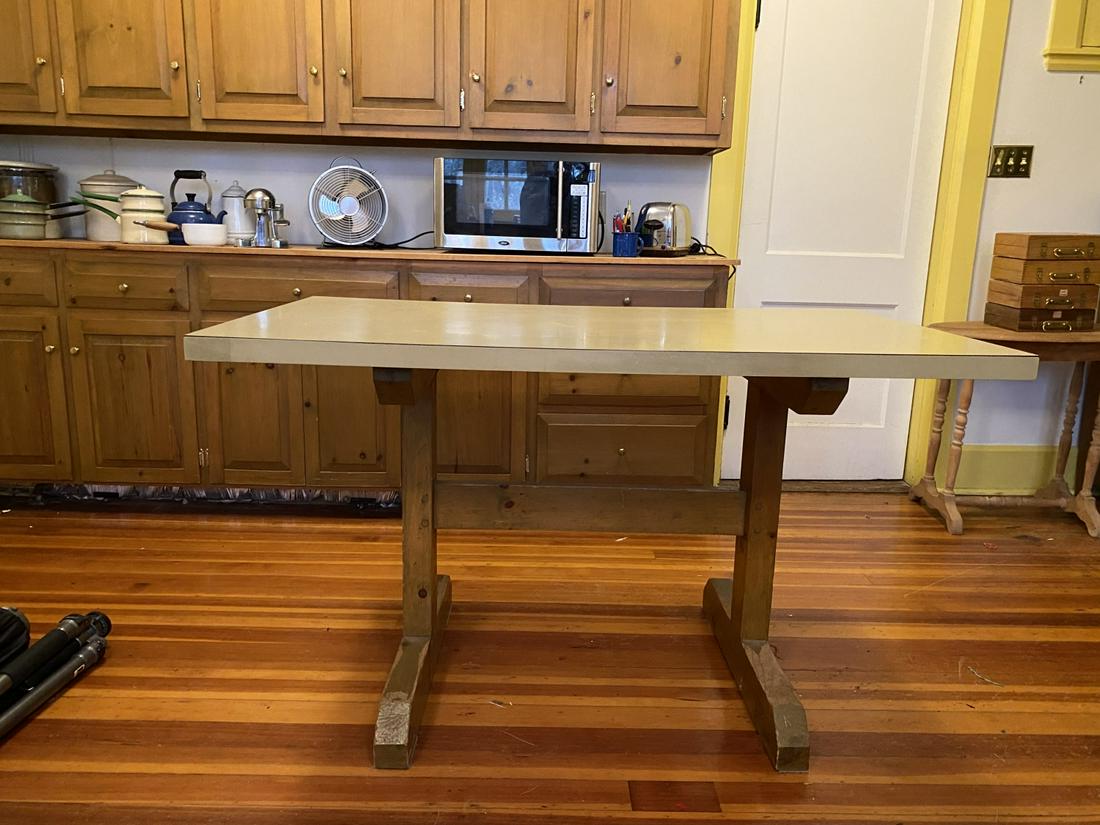 FORMICA TOP HARDWOOD KITCHEN TRESTLE TABLE: 32 x 55 x 32 inches