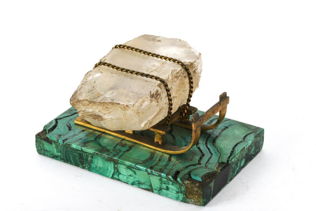 LATE (19th c) RUSSIAN BRONZE SLED with ICE BLOCK: Quartz crystal ice block, bronze sled and malachite veneered base. unsigned 2 1/4 x 4 1/4 x 3 inches.