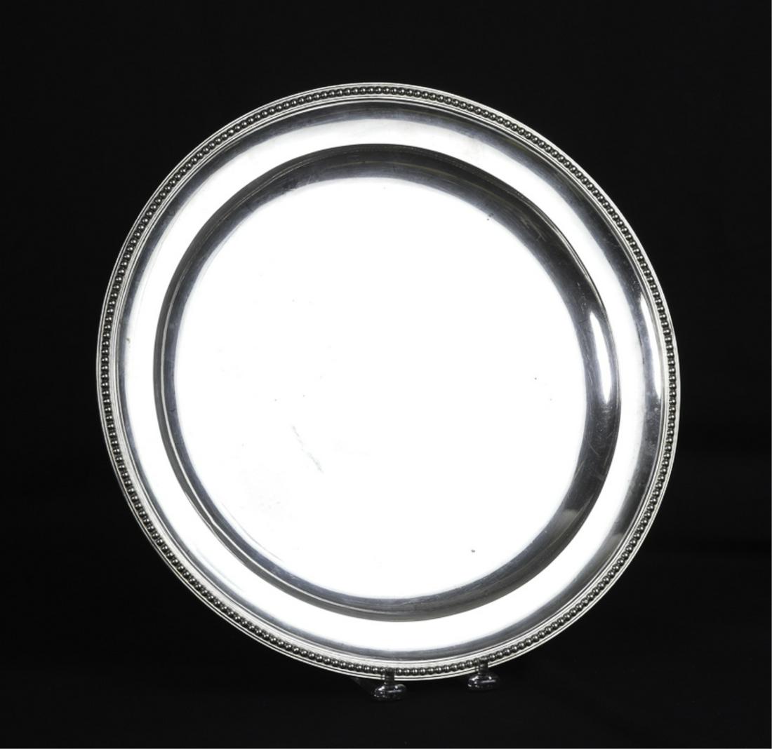 JAMES BARCLAY HENNELL STERLING SILVER TRAY 1879: Beaded rim, 14 inches. 44.62 troy ounces.