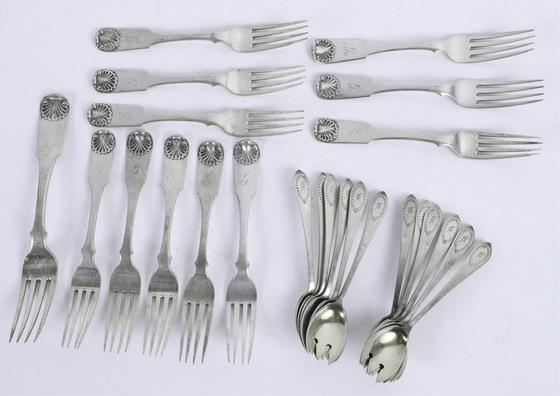 GROUPING OF STERLING SILVER SALAD/ ICE CREAM FORKS: Salad forks and (1) dinner fork embossed with scallop shells by B.C. Frobisher and (12) bright cut ice cream forks by Bailey, Banks and Biddle. 27.33 troy ounces