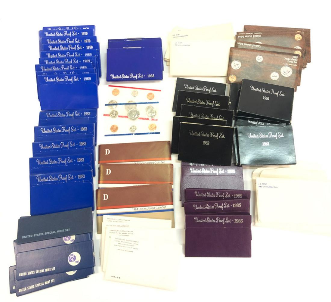 GROUPING OF UNITED STATES MINT AND PROOF SETS: Including:(1) 1966 Special Mint Set, (5) 1967 Special Mint Sets, (3) 1968 Proof Sets (5) 1969 Uncirculated Sets, (5) 1969 Proof Sets, (4) 1970 Proof Sets, (5) 1980 Uncirculated Sets, (5) 1981 Uncircul