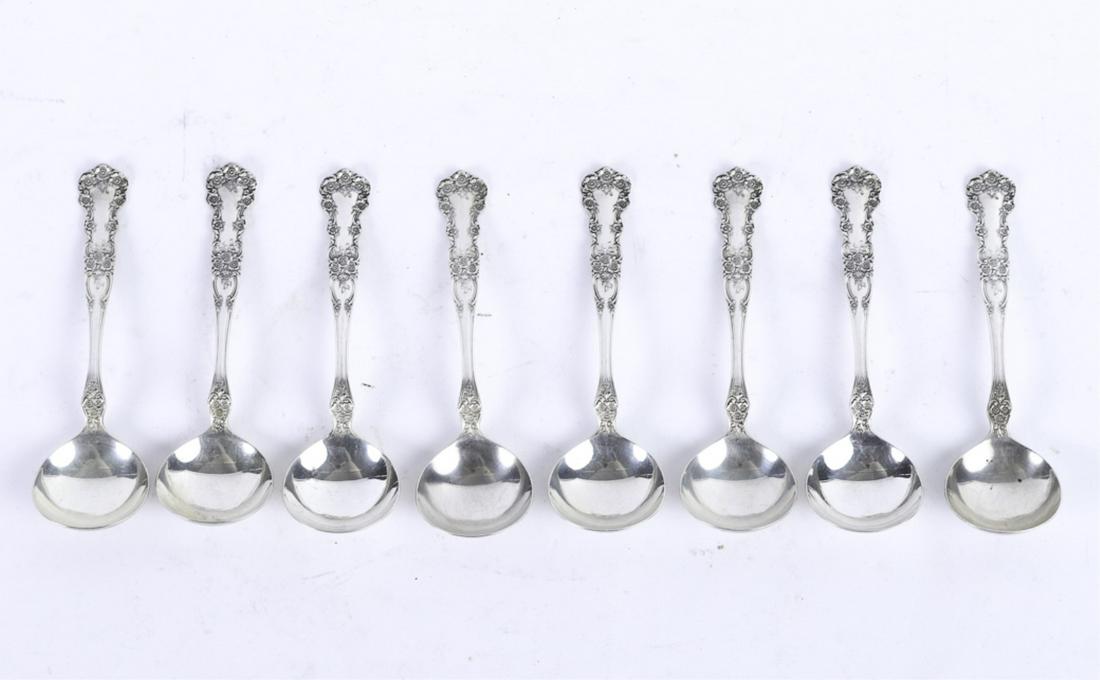 (8) GORHAM STERLING SILVER BOULLION SPOONS: Embossed on both sides with roses and scrolls. 6.64 troy ounces