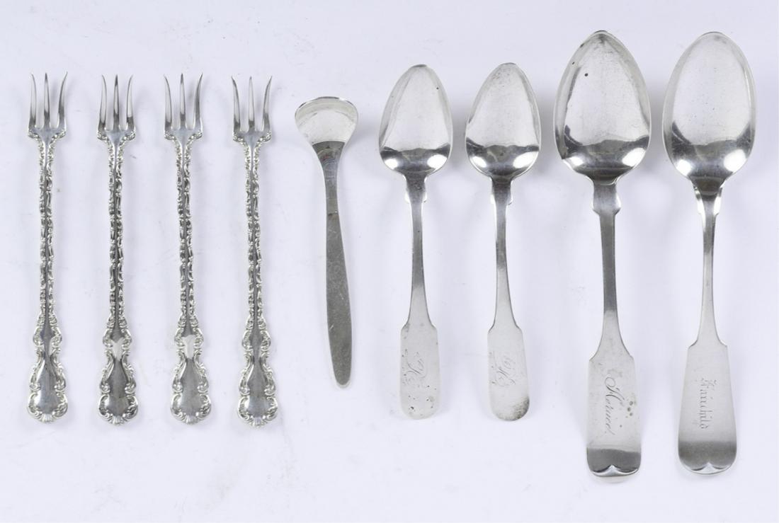 GROUPING OF COIN & STERLING SILVER FLATWARE: Including: (4) picks and a Towle modern mustard. Together with (4) coin silver spoons. 5.3 troy ounces