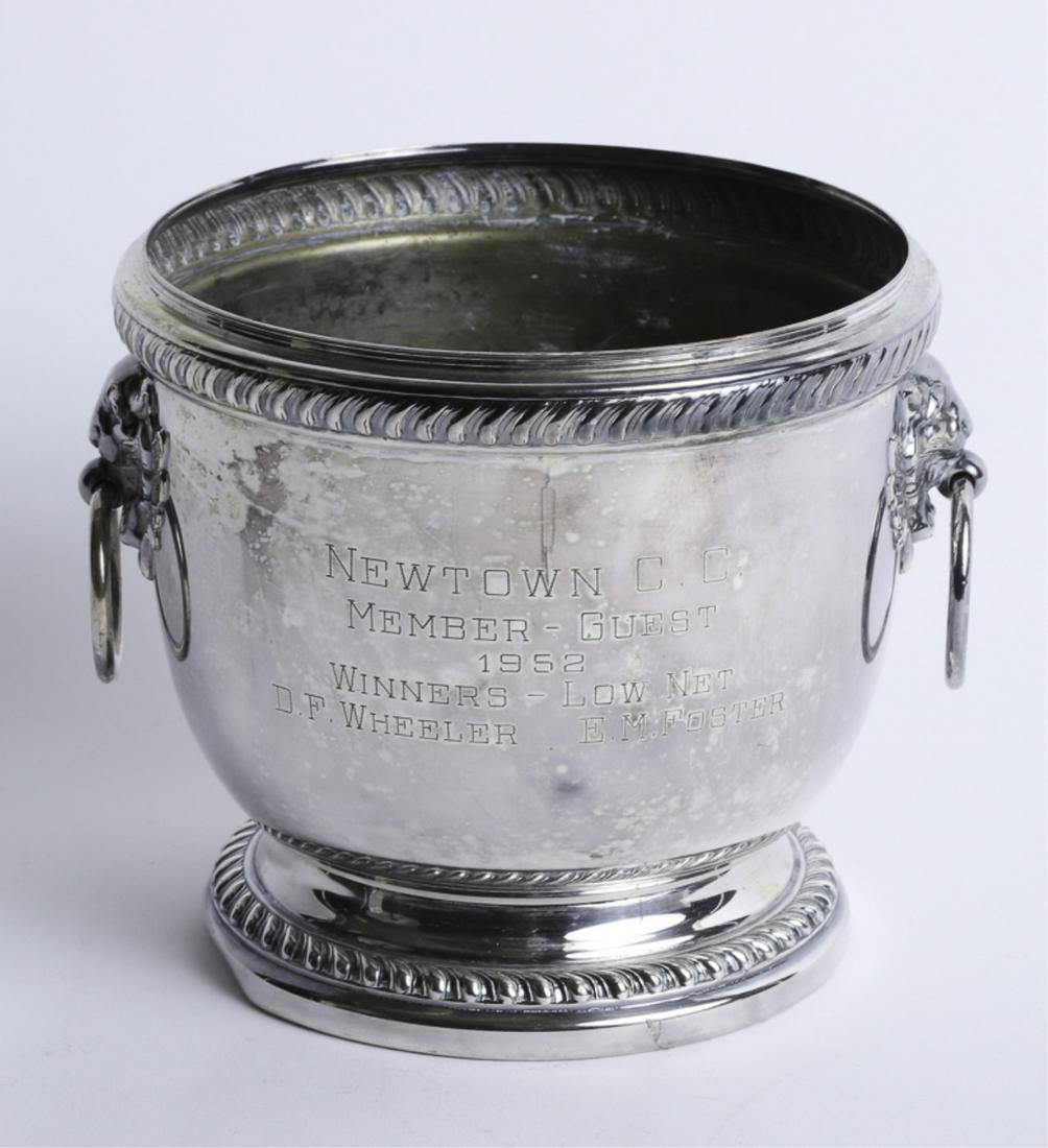 POOLE SILVER PLATED CHAMPAGNE COOLER TROPHY: New Town CC Member Guest 1952 Gadroon edges with lion head handles. 7 x 8 inches.