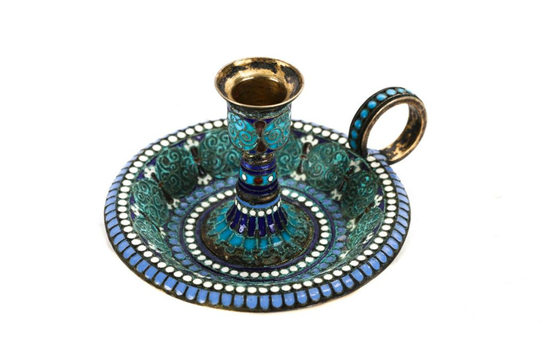 ANTIP KUZMICHEV CHAMBER STICK for TIFFANY: Miniature silver enamel chamber stick made for Tiffany. 2.65 troy ounces