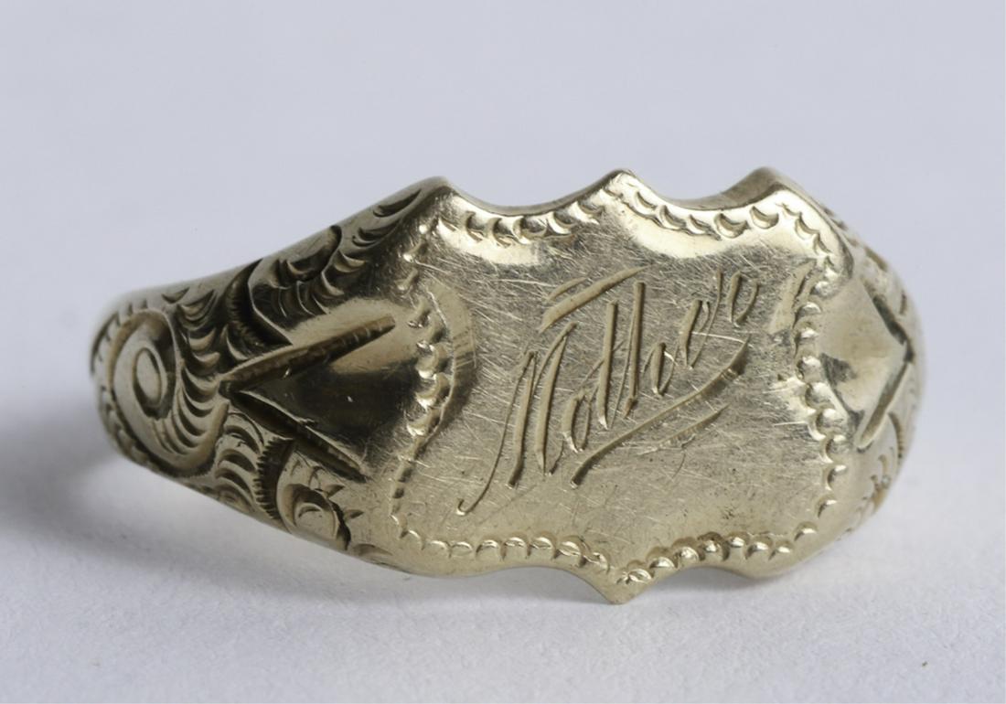 (Late 19th c) 14k GOLD MEN'S RING "MOTHER": Engraved within a shield-form cartouche which is flanked with rococo inspired scrolls. sized 10 1/4 inches. 4.6 dwt