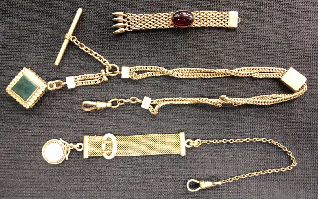 (3) ANTIQUE VICTORIAN POCKET WATCH CHAINS AND FOBS: Square fob has black onyx and cats eyes. Cats eye is cracked